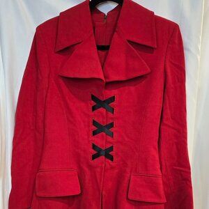 Rare Vintage Complice Red Jacket Size 8 Wool Unique Zipper Back, Black Ribbon